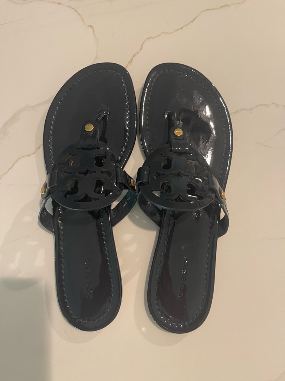 Tory Burch Navy Patent Miller Sandals with Gold Hardware